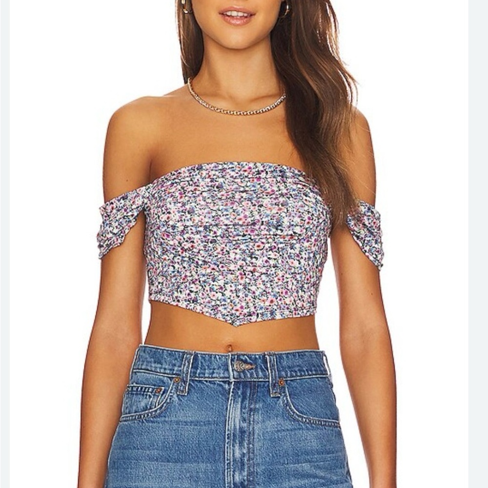 AFRM Lazo Purple off the shoulder Smocked Crop Top
